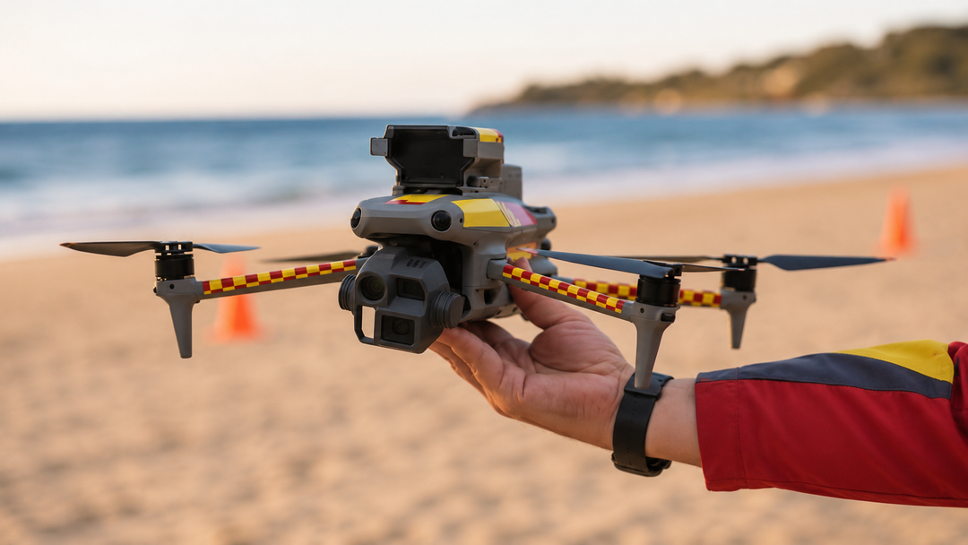Surf Life Saving NSW shark-spotting drone held on the beach