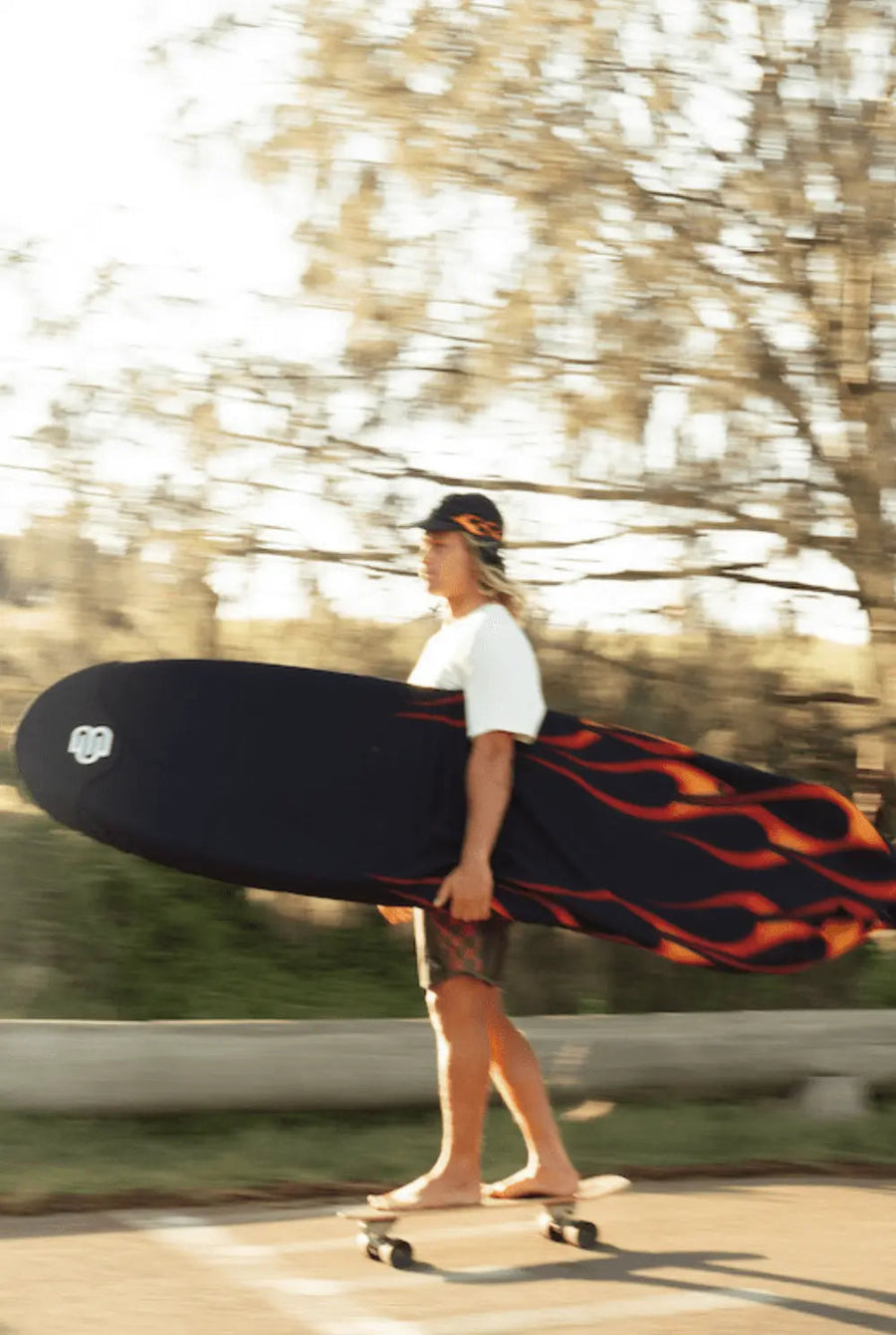 Flames canvas surfboard cover, drawstring closure drawn snug