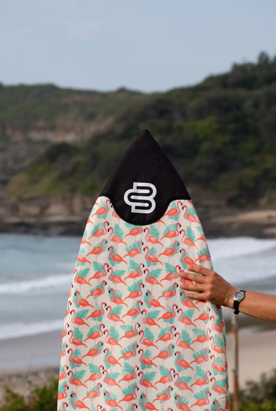 Flamingo canvas shortboard cover, fits boards up to 21in wide