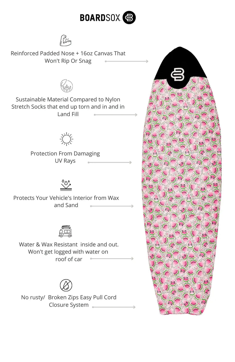 Watermelon fish and funboard surfboard cover, available 5'0 to 7'6