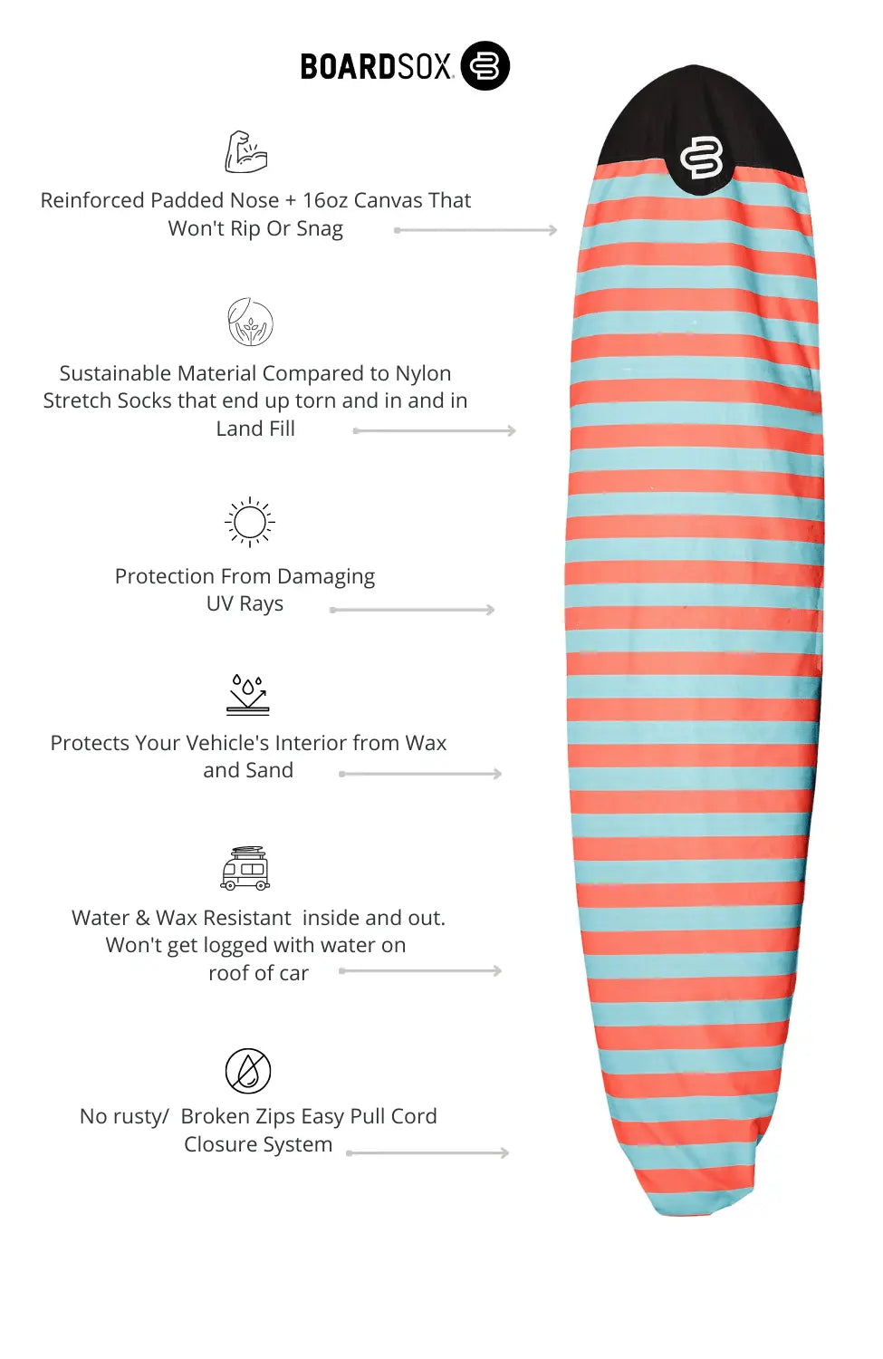 Wingnut Stripes Boardsox® Long Surfboard Sock - BOARDSOX®BoardSox Surfboard Cover